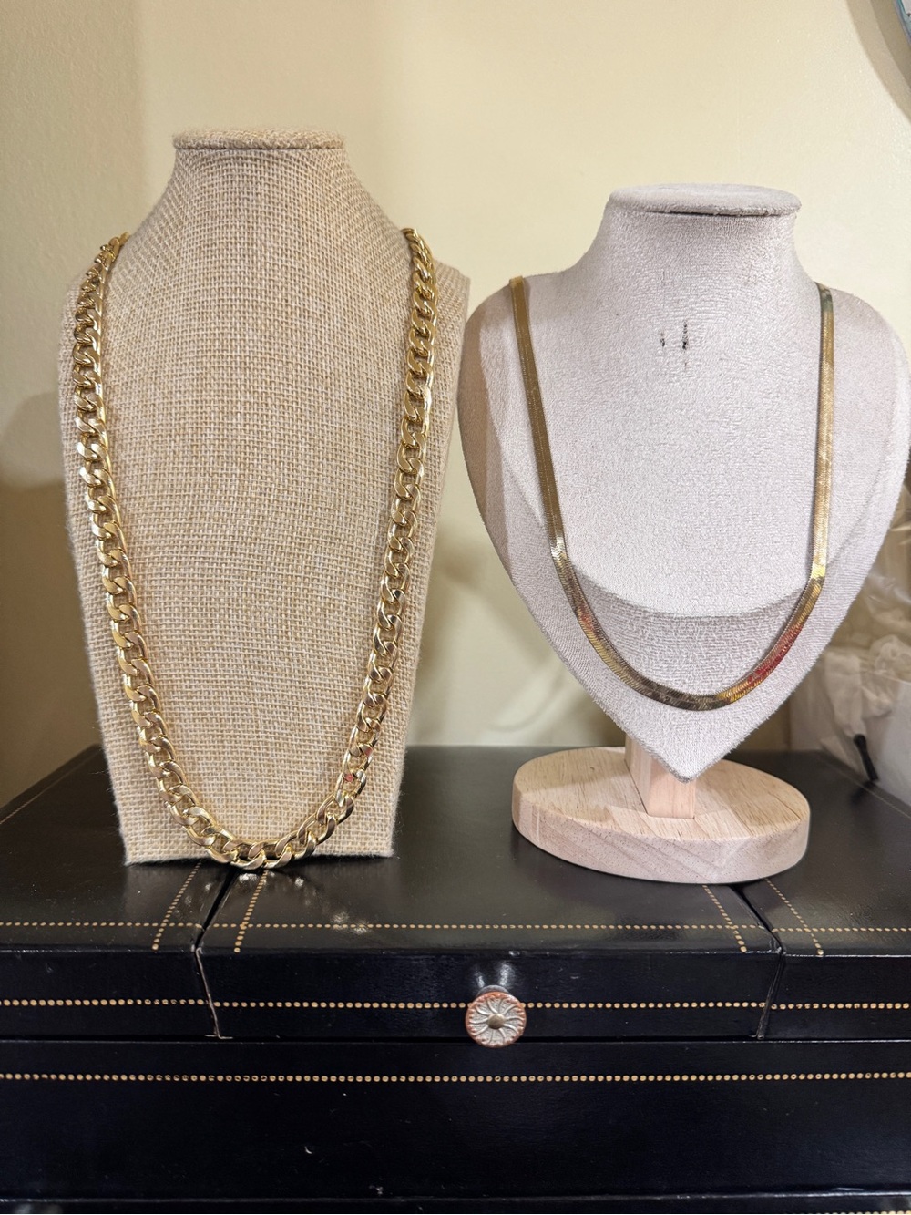 2 Chains cubin link and herringbone Necklace Duo - Shiny Gold Statement Chains